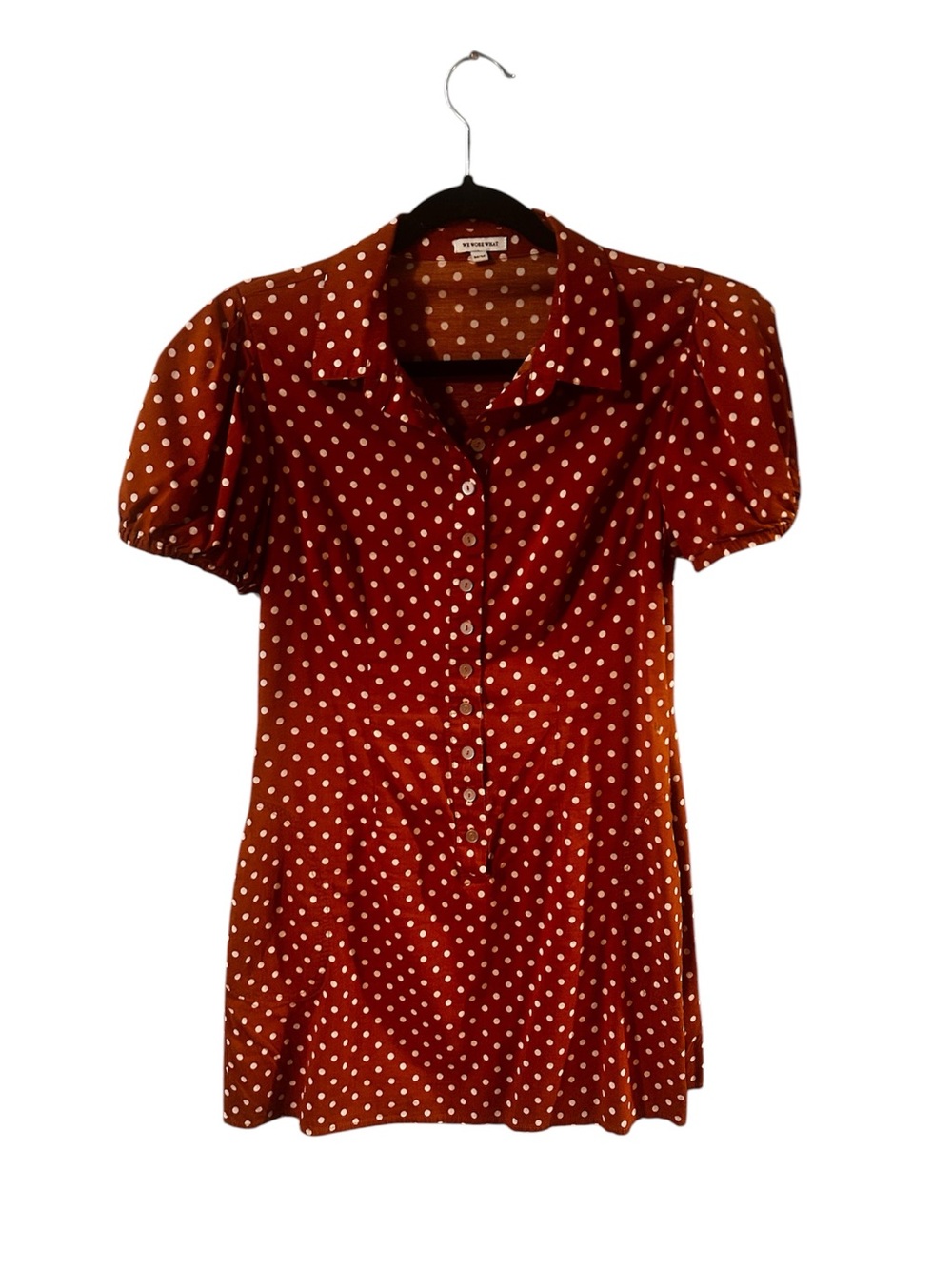 WeWoreWhat Rust Polka Dot Puff Sleeve Button Up Mini Dress - Size Medium